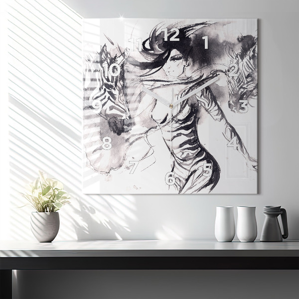 Szögletes fali üvegóra Nő és zebrák