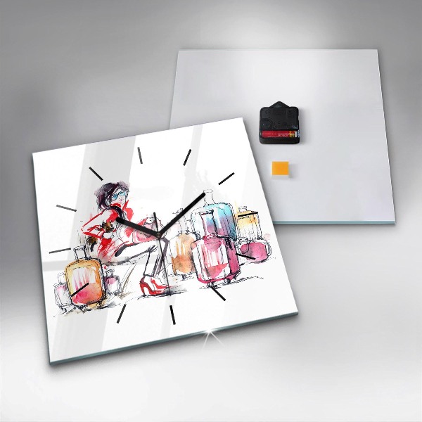 Szögletes fali üvegóra Nő bőröndökkel