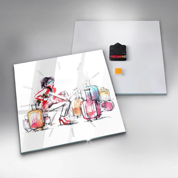 Szögletes fali üvegóra Nő bőröndökkel