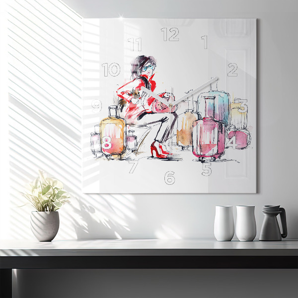 Szögletes fali üvegóra Nő bőröndökkel