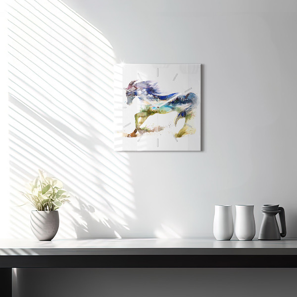 Szögletes fali üvegóra Festett hegyek és ló