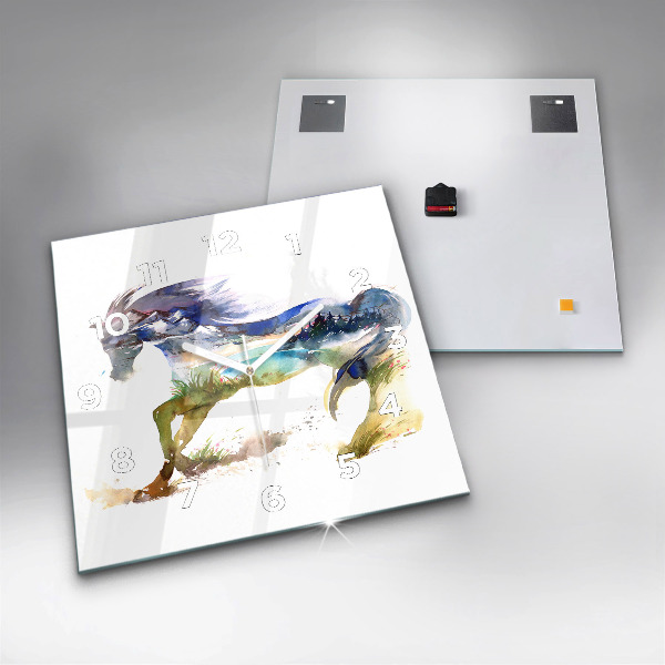 Szögletes fali üvegóra Festett hegyek és ló