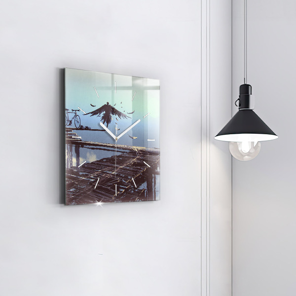 Szögletes fali üvegóra Angyal, híd és kerékpár