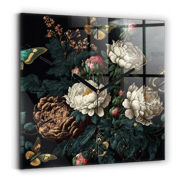 Szögletes fali üvegóra Virág és arany pillangók