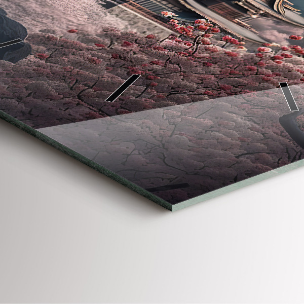 Szögletes fali üvegóra Torony és virágok Ázsiában