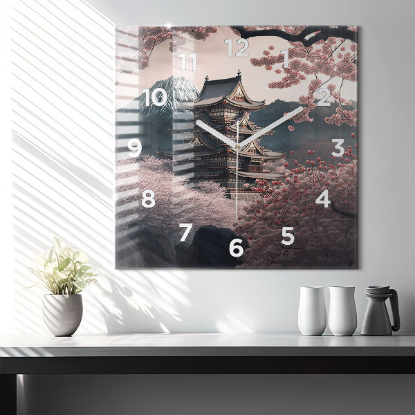 Szögletes fali üvegóra Torony és virágok Ázsiában