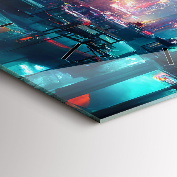 Szögletes fali üvegóra Cyberpunk stílusú város