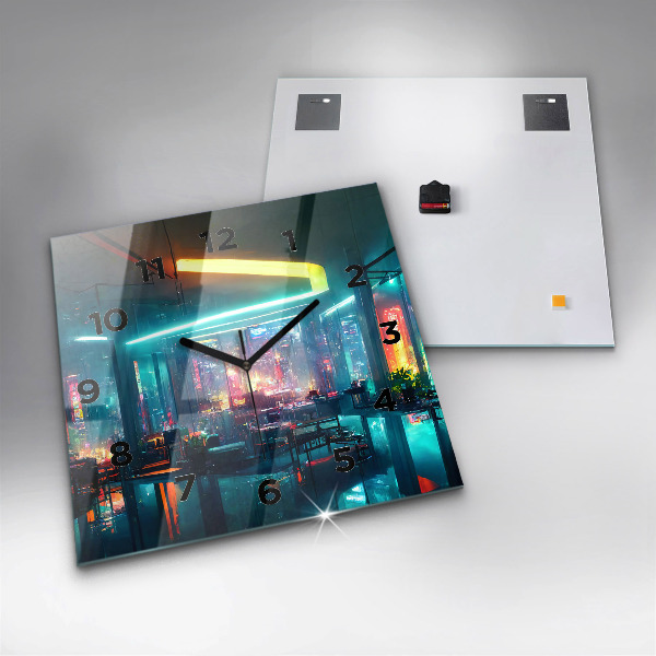 Szögletes fali üvegóra Cyberpunk stílusú város