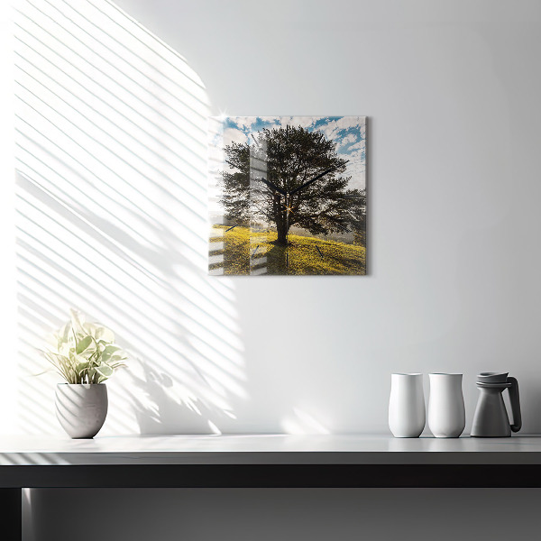 Szögletes fali üvegóra Egy fa a dombon